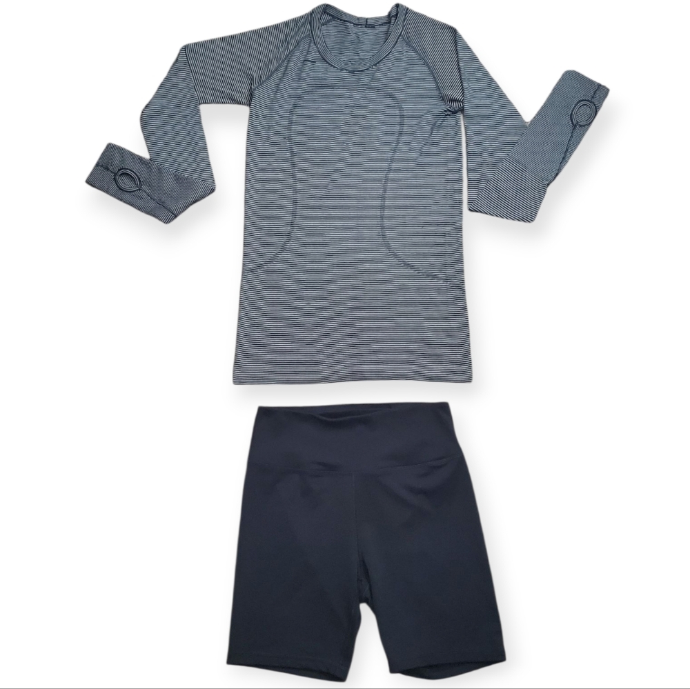 lululemon athletica Black and White Longlseeve Shirt & Black Shorts